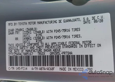 2020 Toyota Tacoma Sr5 V6 из США, поврежденный, VIN 3TYCZ5AN4LT005167